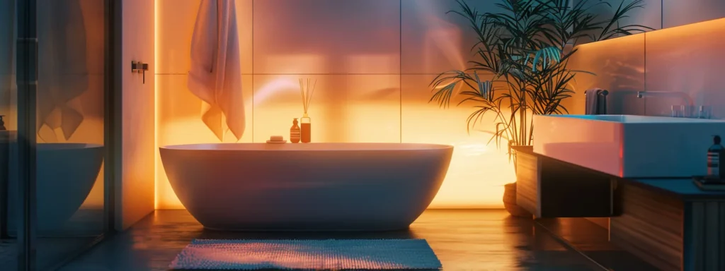 a serene bathroom with sleek new fixtures and a contemporary color palette, showcasing a successful renovation timeline.