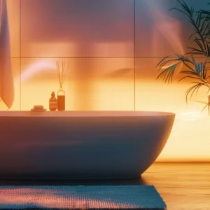 a serene bathroom with sleek new fixtures and a contemporary color palette, showcasing a successful renovation timeline.