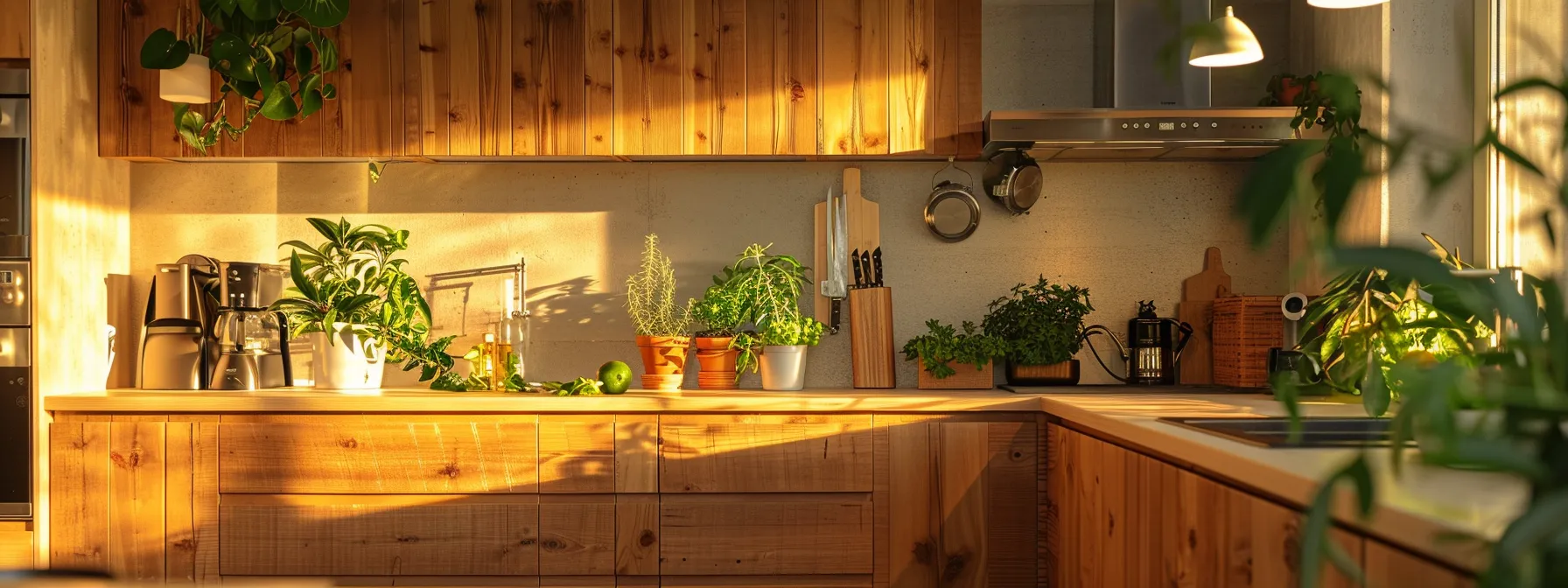 a kitchen with reclaimed wood cabinets, energy-efficient appliances, and green plants creating a sustainable and stylish space.