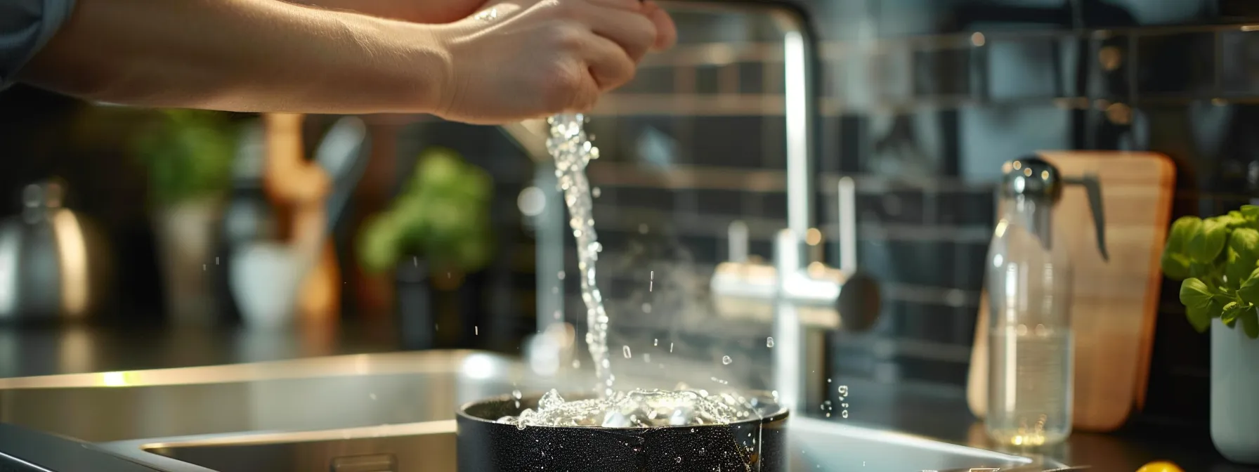 a person filling a pot with instant boiling water from a tap in a modern kitchen.