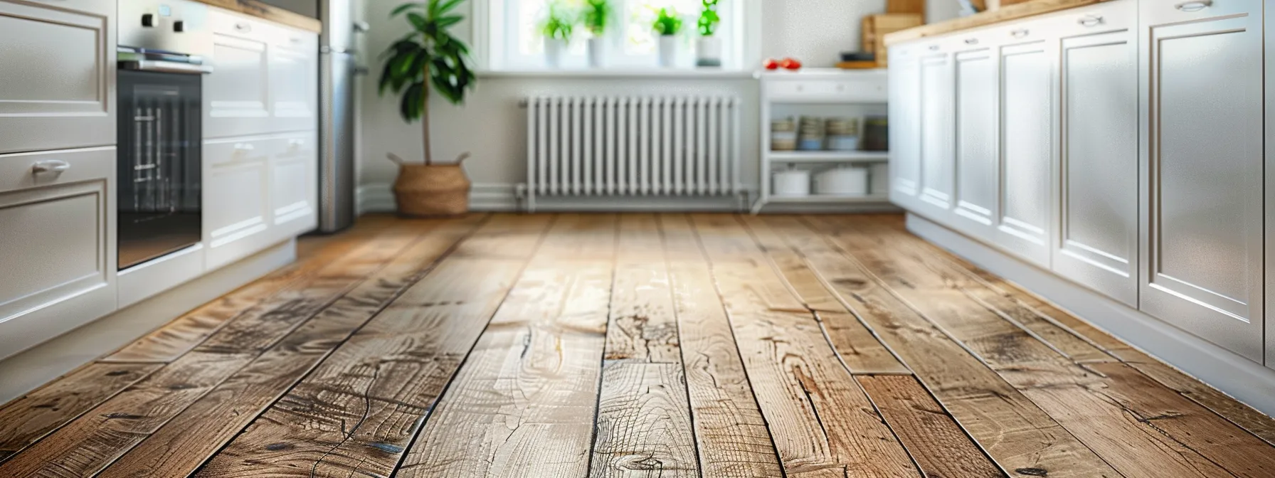 a kitchen with stunning reclaimed wood flooring that adds character and charm while reflecting a commitment to sustainability.