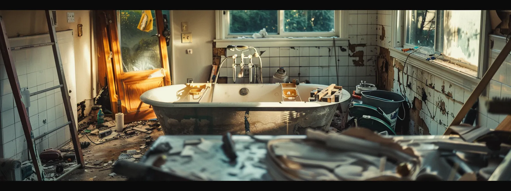 a cluttered bathroom renovation site, with scattered tools and unfinished fixtures, highlighting the consequences of mistiming and budgeting missteps.