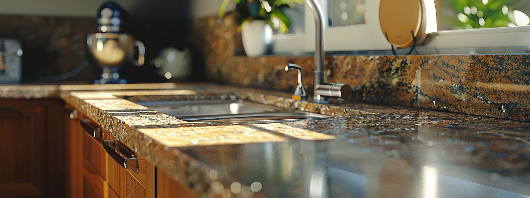 a sleek and modern kitchen with recycled material sink, granite countertops, and antique cabinets with modern hardware.