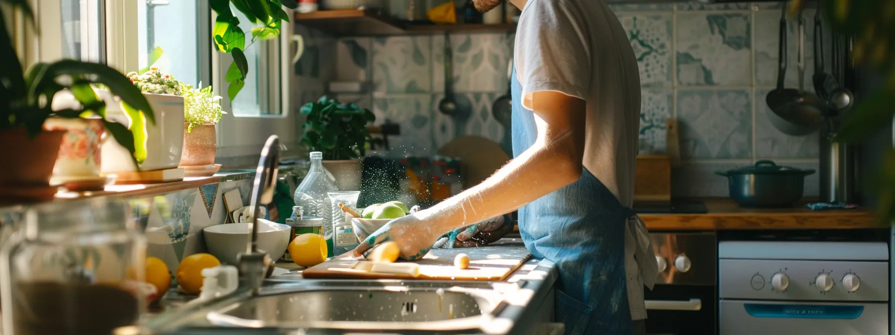 a person carefully painting their kitchen with plastic-free paint, surrounded by eco-friendly tools and materials.