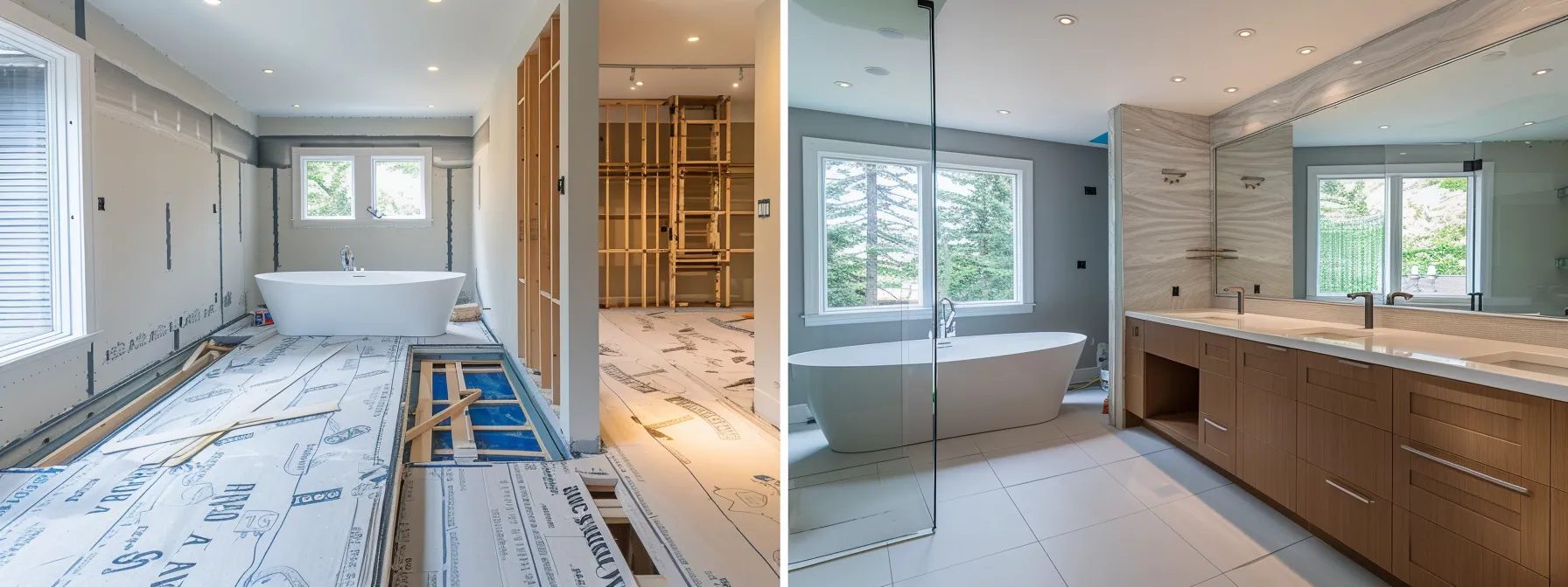 a well-lit bathroom with carefully planned floor layout and modern fixtures being installed, showcasing efficient renovation progress.