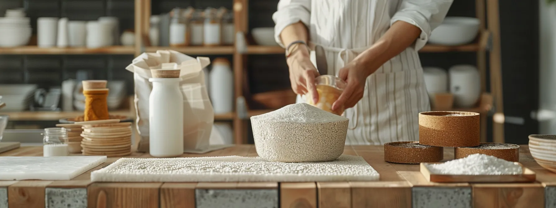 a person selecting unique eco-friendly materials from a local supplier for their kitchen renovation.