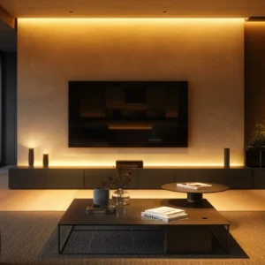 a sleek, modern living room with voice-activated smart home technology seamlessly integrated into the design.