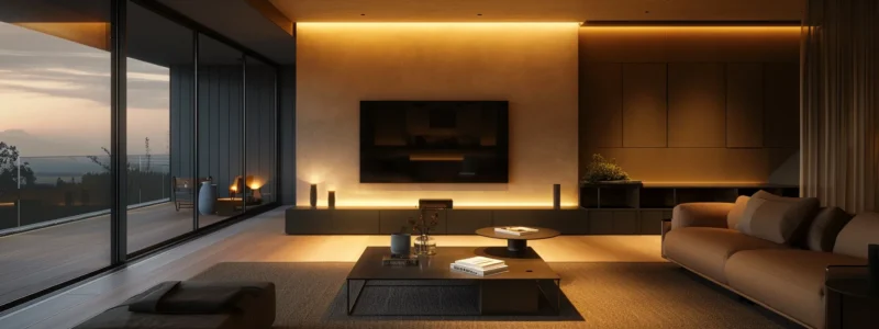 a sleek, modern living room with voice-activated smart home technology seamlessly integrated into the design.
