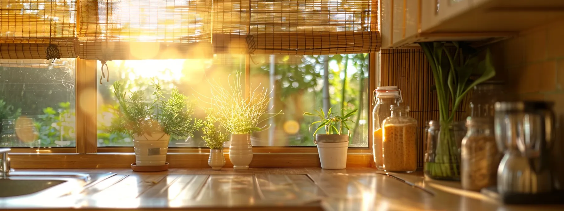 a kitchen with bamboo window treatments creating a warm and inviting ambiance for family gatherings.