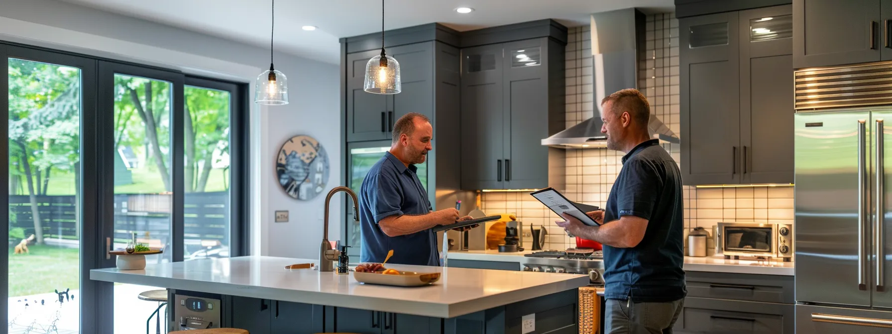 a contractor discussing sustainable materials options with a homeowner in a kitchen renovation project.