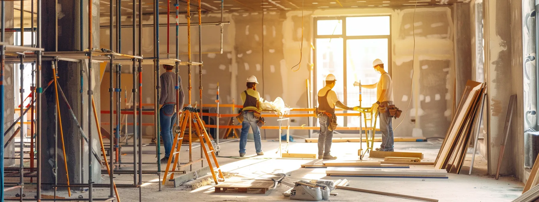 a busy construction site with workers meticulously installing fixtures and painting walls under the guidance of a knowledgeable general contractor.