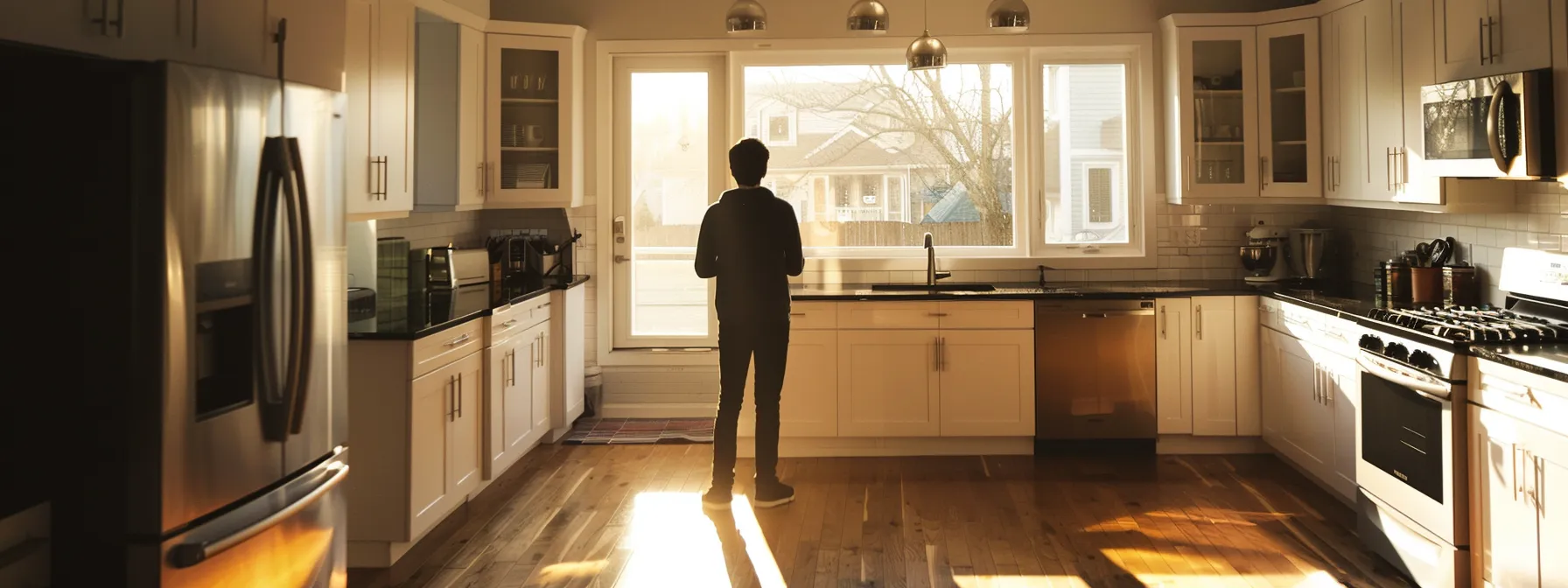 a person standing in a kitchen, admiring newly installed cabinet doors while surrounded by a fresh and modern aesthetic.