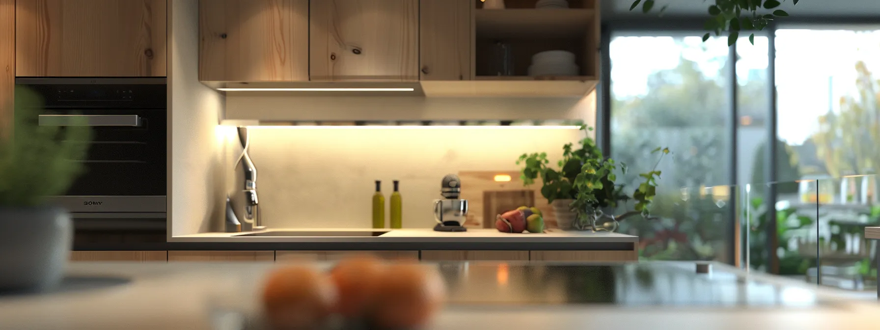 a modern, eco-friendly kitchen with sleek, energy-efficient appliances and upcycled materials creating a stylish and sustainable space.