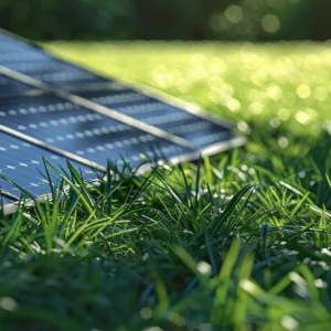 a magnificent solar panel array gleaming under the sun, casting a shadow on a field of lush green grass.