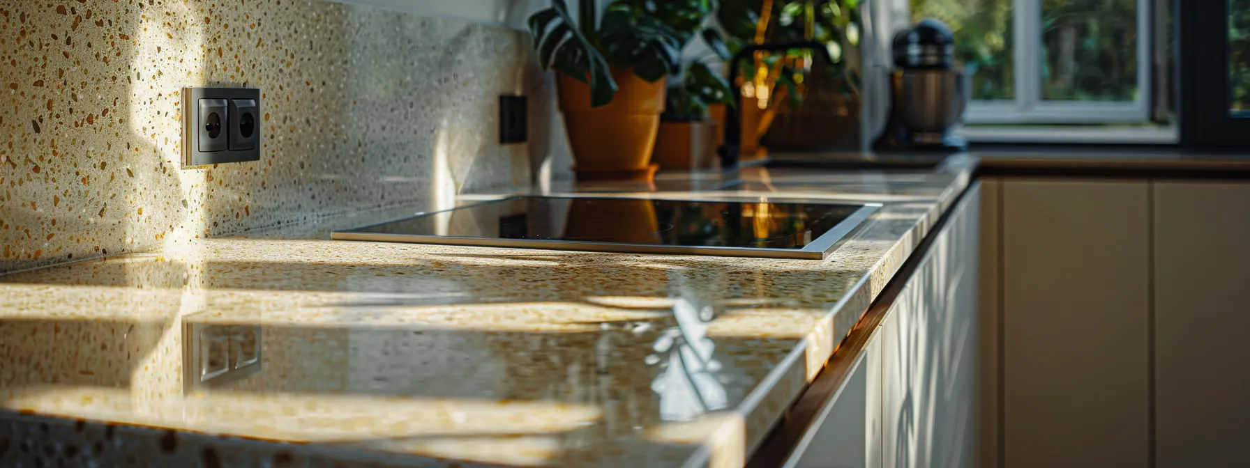 a kitchen with refurbished countertops made of terrazzo and an induction cooking unit for energy efficiency.