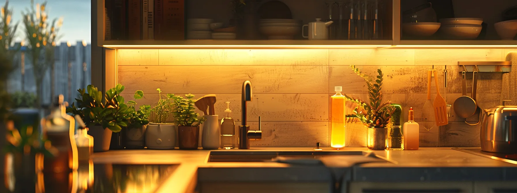a kitchen with led bulbs glowing, a water purification system, and eco-friendly cleaning products, showing small changes making a big impact on sustainability.