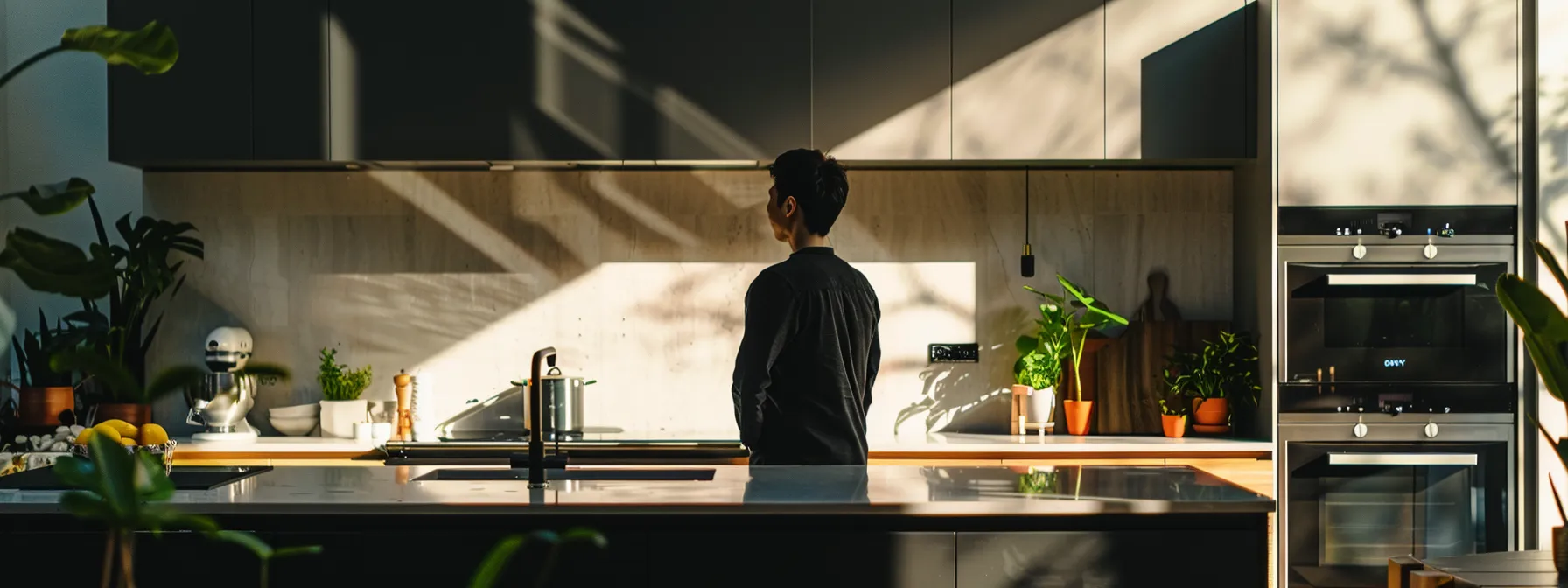 a person standing in a modern kitchen, proudly admiring their new multi-functional range cooker.