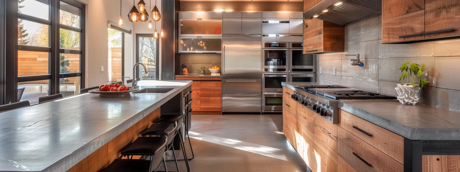 a modern kitchen with sleek steel elements and reclaimed wood cabinetry, showcasing eco-friendly materials in a stylish design.