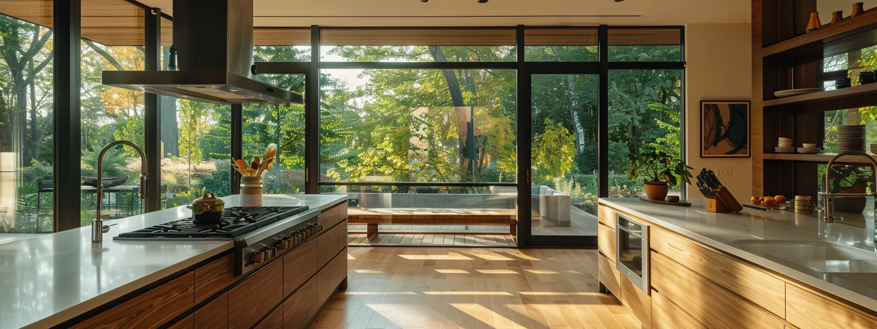a modern kitchen with energy-efficient windows and doors, showcasing sleek design elements and sustainable materials.