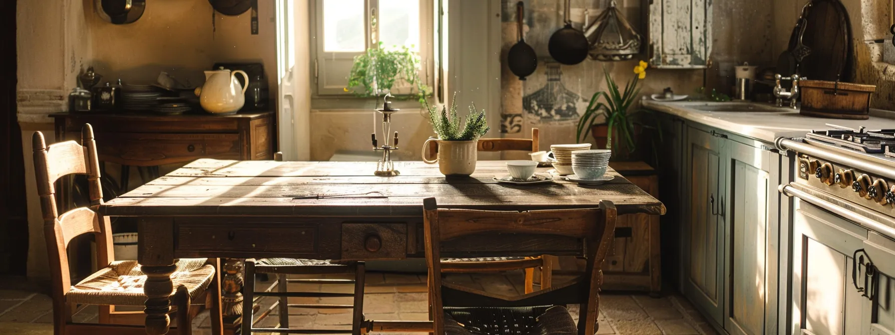 a vintage wooden table and chairs add charm to a rustic kitchen setting.