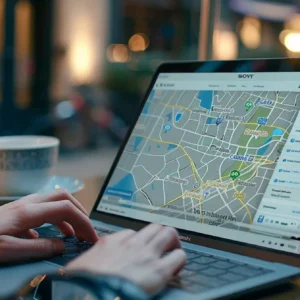 a person typing on a laptop with a map of search results for local businesses on the screen.