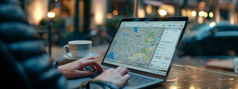 a person typing on a laptop with a map of search results for local businesses on the screen.