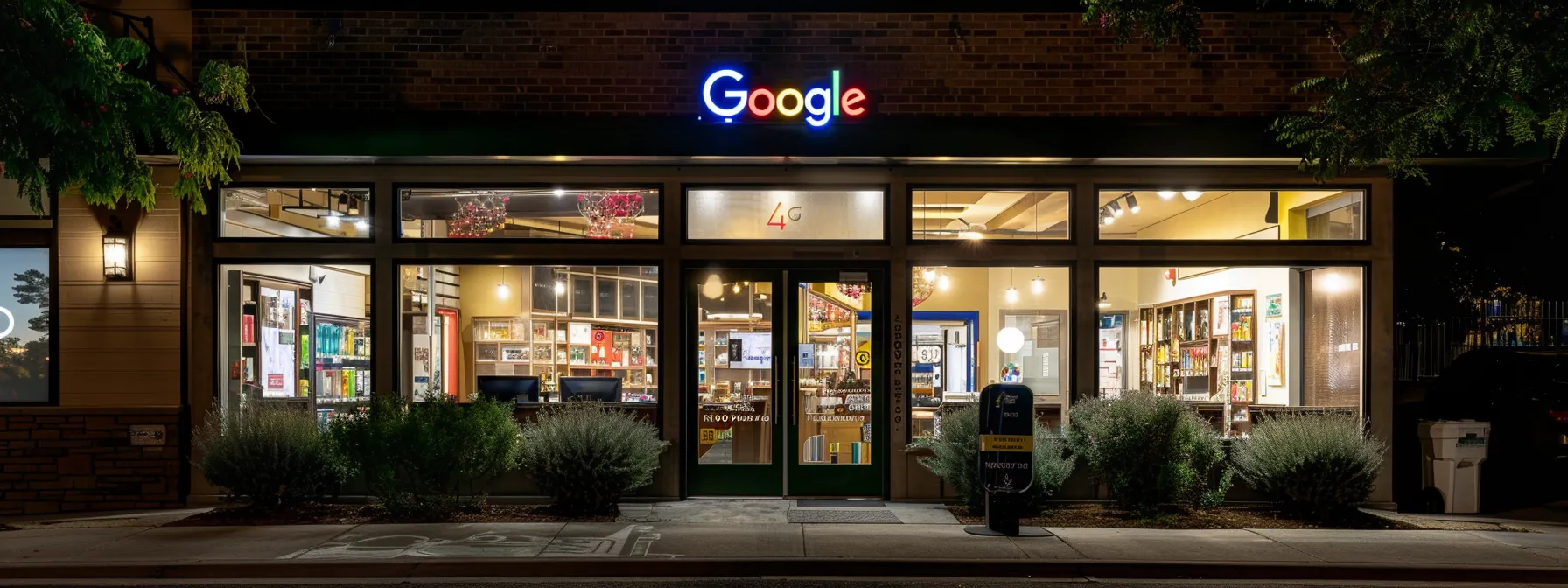 an inviting storefront with a prominent google my business sign, accurate location on a map, and updated contact details displayed.