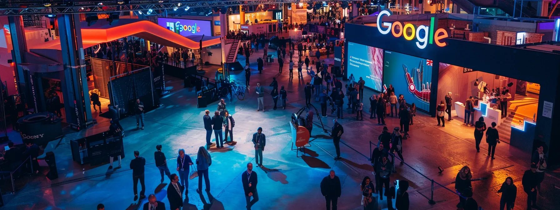 a bustling local event with vibrant google posts scattered around, engaging the audience and increasing visibility.