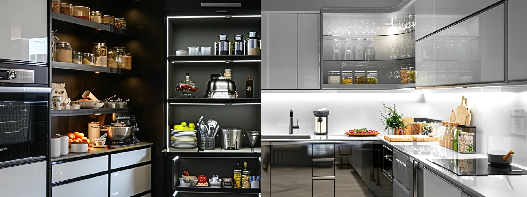 a sleek, organized kitchen with over-the-door, corner, and under-cabinet shelving units maximizing space and efficiency.