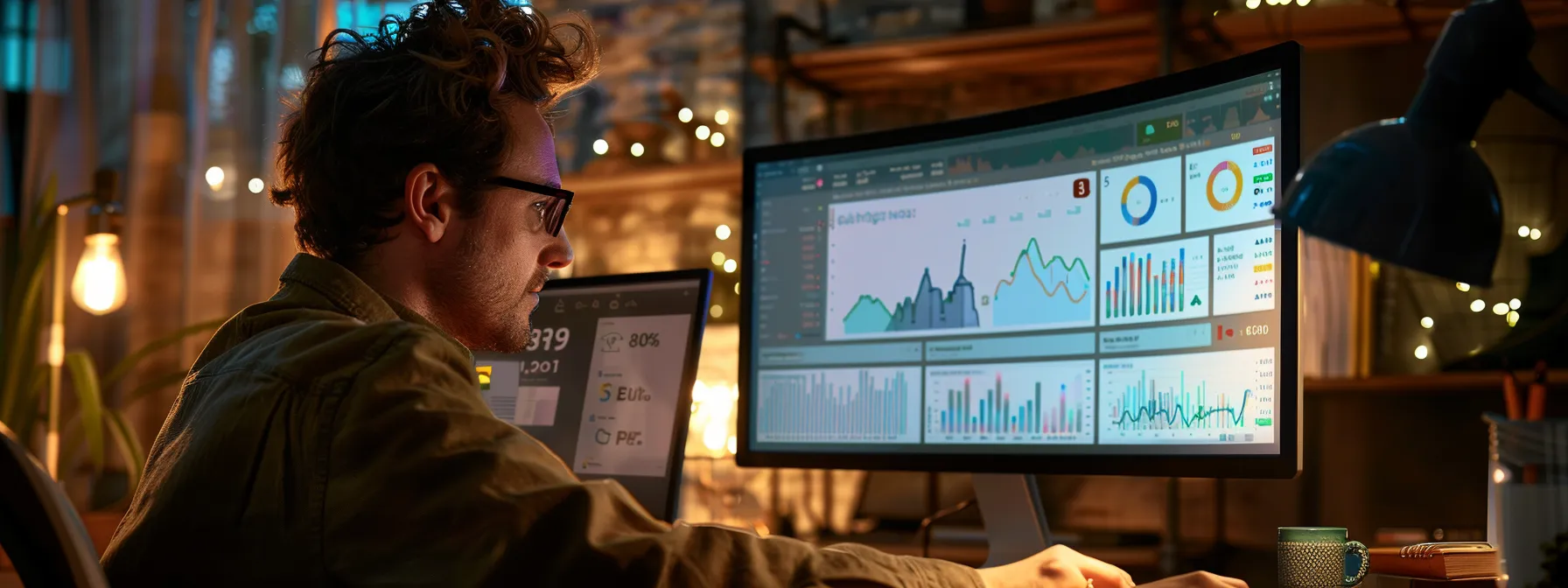 a business owner studying a computer screen displaying detailed analytics and metrics from google my business insights, with graphs and charts highlighting performance trends and customer actions.