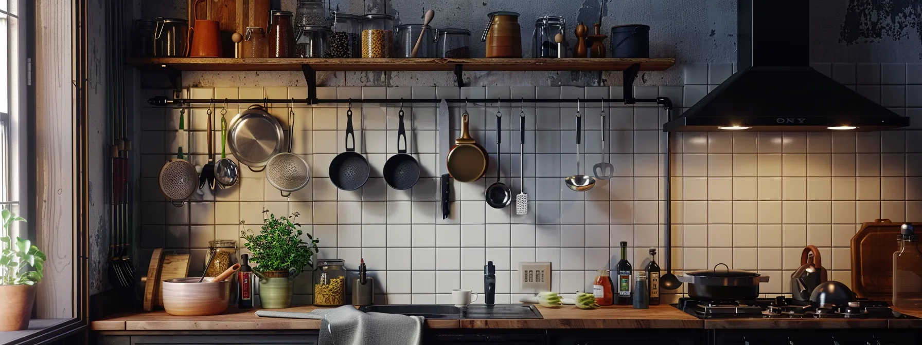 a kitchen wall adorned with hanging pot racks, magnetic strips holding knives, floating shelves displaying ingredients, and hooks holding mugs and tools for efficient storage.