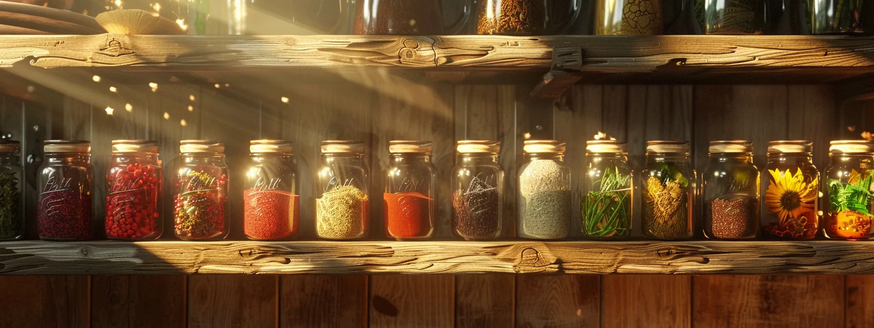 transformed mason jars filled with colorful spices lining a rustic wooden shelf in a sunlit kitchen.
