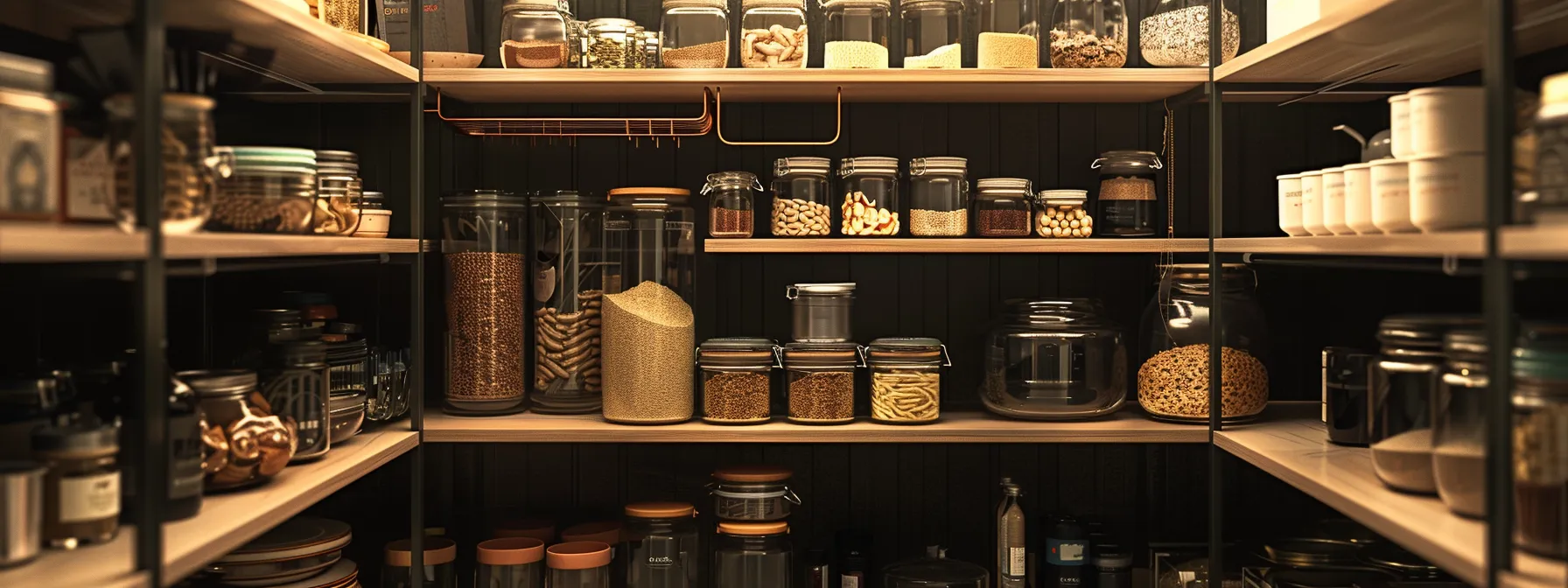 a pantry organized with labeled containers, clear jars, and stacked cans on tiered shelving for efficient space optimization.