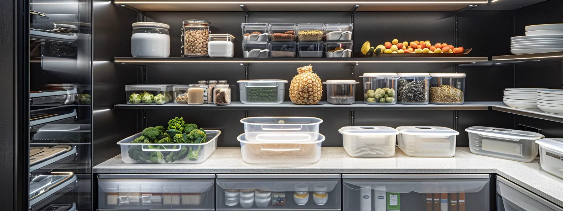 a neatly organized cabinet with adjustable shelving, stackable bins, pull-out shelves, door-mounted racks, and lazy susans showcasing efficient use of space.