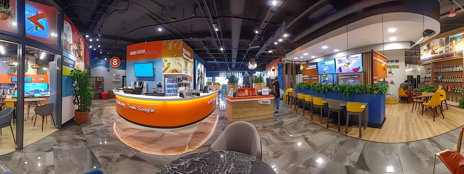 a vibrant 360-degree tour showcasing a business's premises with high-quality photos and engaging videos to attract potential customers to a google my business listing.