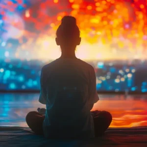 a captivating shot of a person engrossed in watching a mesmerizing video on a vibrant screen.