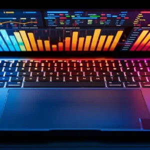 a laptop displaying a vibrant digital marketing dashboard, showcasing a variety of backlinks and anchor text strategies to improve saas seo performance.