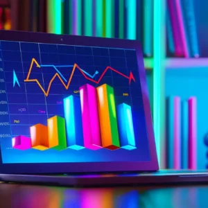 a laptop screen displaying a bar graph showing a significant increase in website traffic, surrounded by open books filled with colorful keywords and data charts.