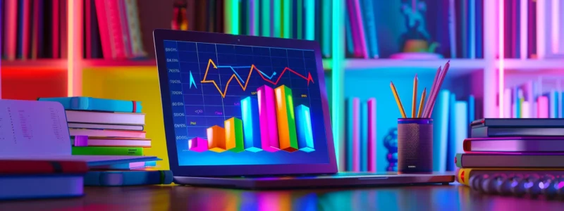 a laptop screen displaying a bar graph showing a significant increase in website traffic, surrounded by open books filled with colorful keywords and data charts.