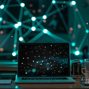 a laptop surrounded by a web of interconnected links, symbolizing the key to unlocking saas growth through effective link building techniques.