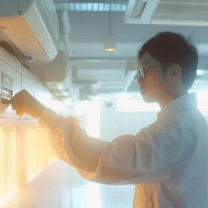a technician adjusting the temperature control panel on a modern hvac system in a brightly lit, pristine office setting.