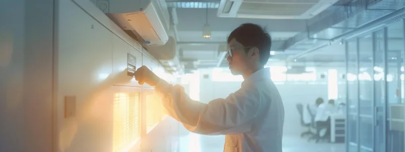 a technician adjusting the temperature control panel on a modern hvac system in a brightly lit, pristine office setting.