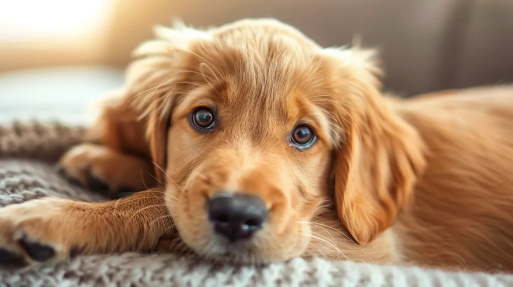 a close-up of an attentive dog with expressive eyes, surrounded by a warm, inviting home environment, capturing the emotional depth and communication between pet and owner.