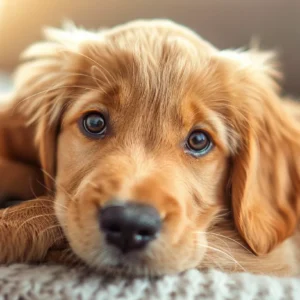 a close-up of an attentive dog with expressive eyes, surrounded by a warm, inviting home environment, capturing the emotional depth and communication between pet and owner.