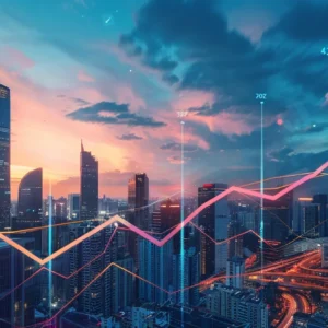 a dynamic city skyline illuminated at dusk, symbolizing vibrant digital growth and connectivity, with abstract digital graphs and upward arrows subtly integrated into the sky, conveying the power of enterprise seo software to enhance website traffic.