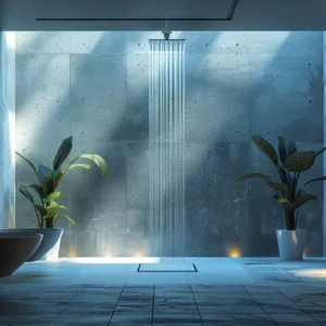 a modern, sleek bathroom featuring a variety of innovative ac vent designs, elegantly illuminated by soft, ambient lighting that highlights the sophisticated aesthetics and functionality of each vent type.