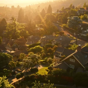 a serene, sunlit suburban neighborhood showcases a diverse array of charming houses and well-tended gardens, highlighting the inviting potential of real estate investment.