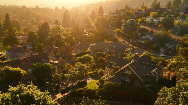 a serene, sunlit suburban neighborhood showcases a diverse array of charming houses and well-tended gardens, highlighting the inviting potential of real estate investment.