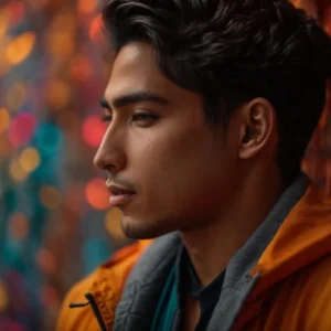 a vibrant portrait of manick bhan, surrounded by dynamic digital graphics representing macedonian themes intertwined with modern storytelling, illuminated by soft, focused lighting that highlights his youthful determination and innovative spirit.