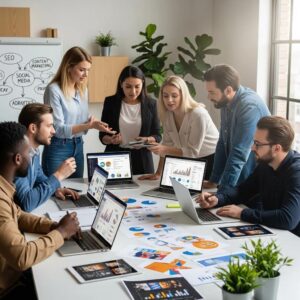 Diverse professionals collaborating on digital marketing strategies in a modern office